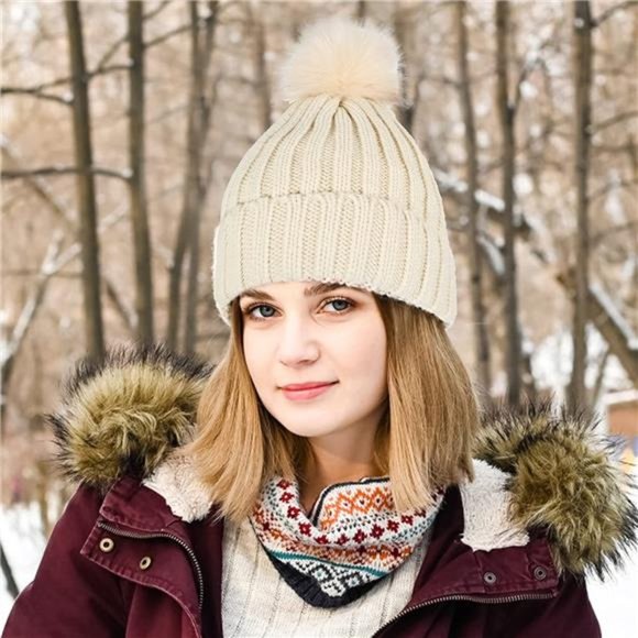 Muryobao Womens Winter Beanie Hat Satin Lined Faux Fur Pom Pom Cuffed Knit Skull